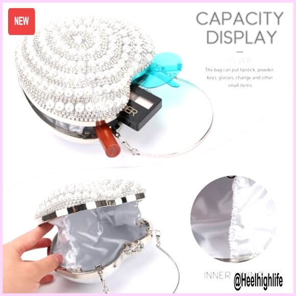 Heart Shape Evening Clutch with Pearl Rhinestone Detachable Chain Strap